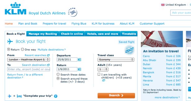 Buchen Sie einen Flug auf der Website von KLM