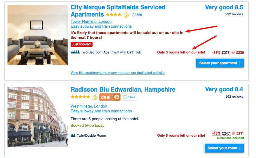 how scarcity plays a role in increasing the number of bookings on Booking.com