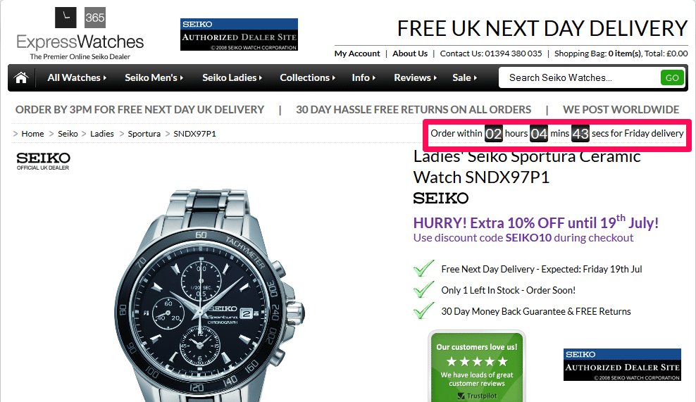 Scarcity and urgency tactic on ExpressWatches ecommerce store