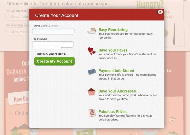 example of the sign-up form on the website of Grubhub