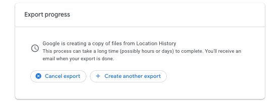 screenshot of the Export progress dialogue box in Google Takeout