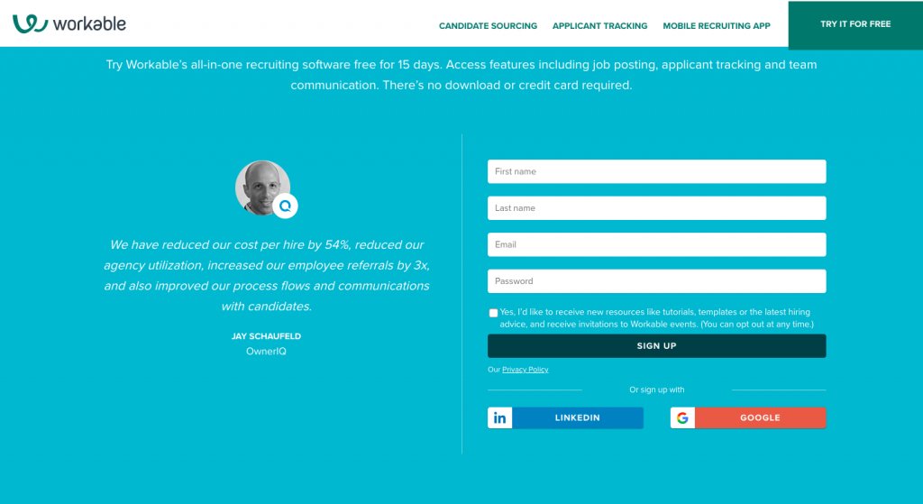 captura de pantalla de la landing page de registro para nuevos usuarios de Workable