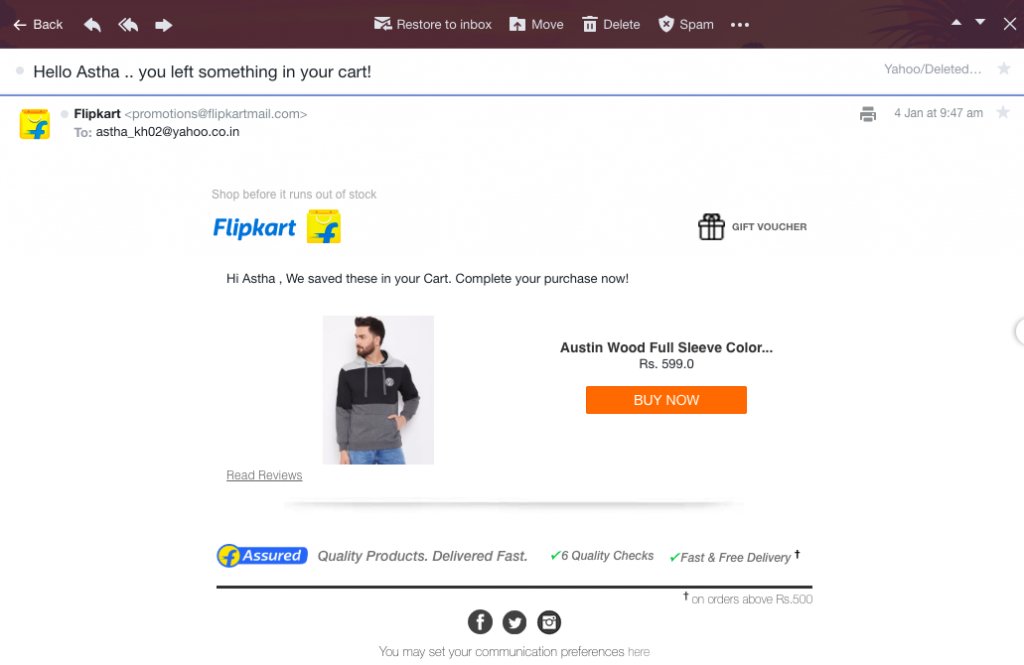 an example of an re-targeting email from Flipkart