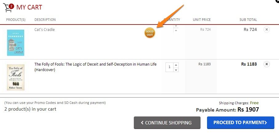 sold out notification on cart on Snapdeal.com