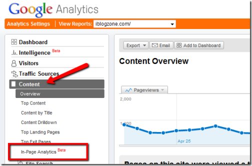screenshot of the In-Page Analytics within Google Analytics 