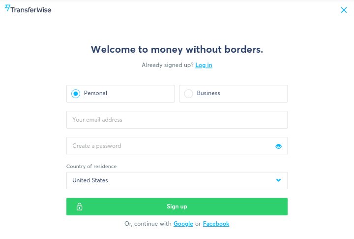 screenshot of the sign-up form on the website of TransferWise