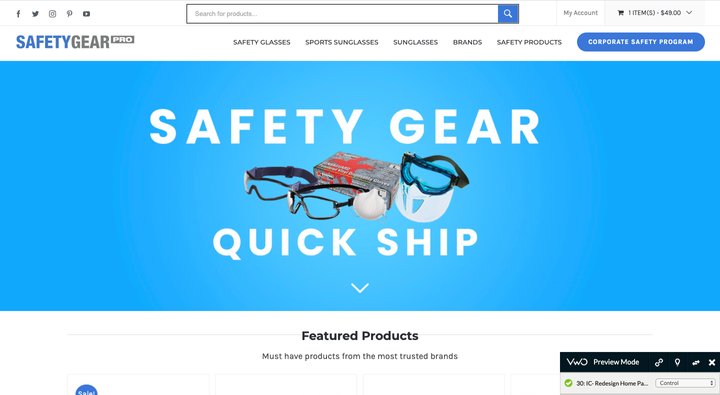 control of the a/b test on Safety Gear Pro