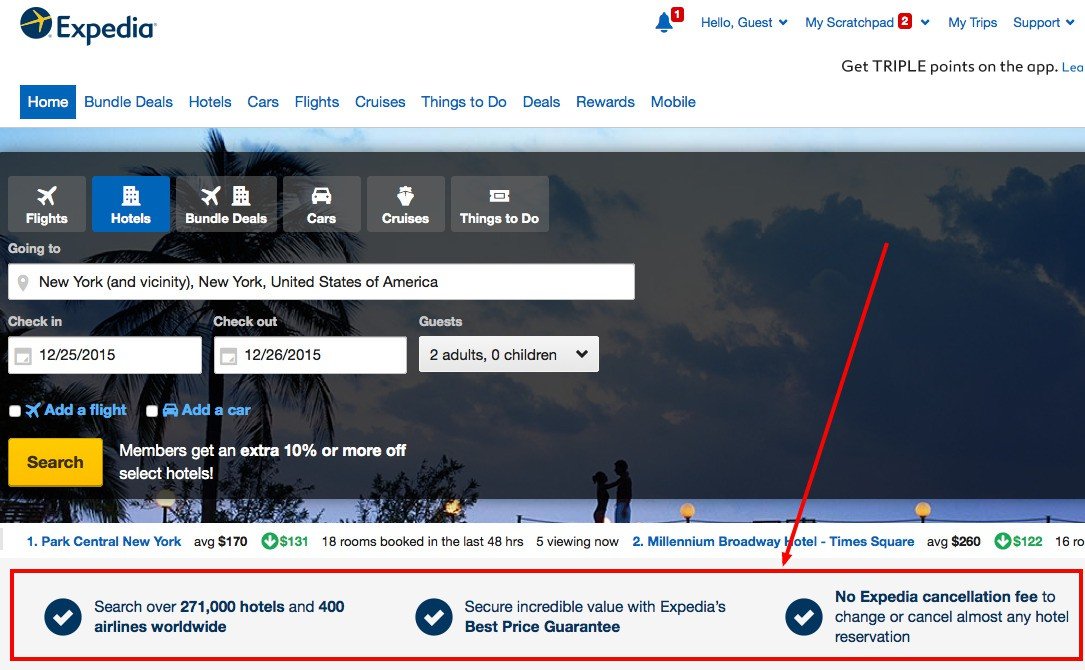 how expedia highlights its USPs on their website to increase bookings