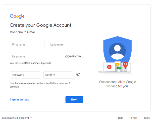 example of the sign-up form for a Google Account