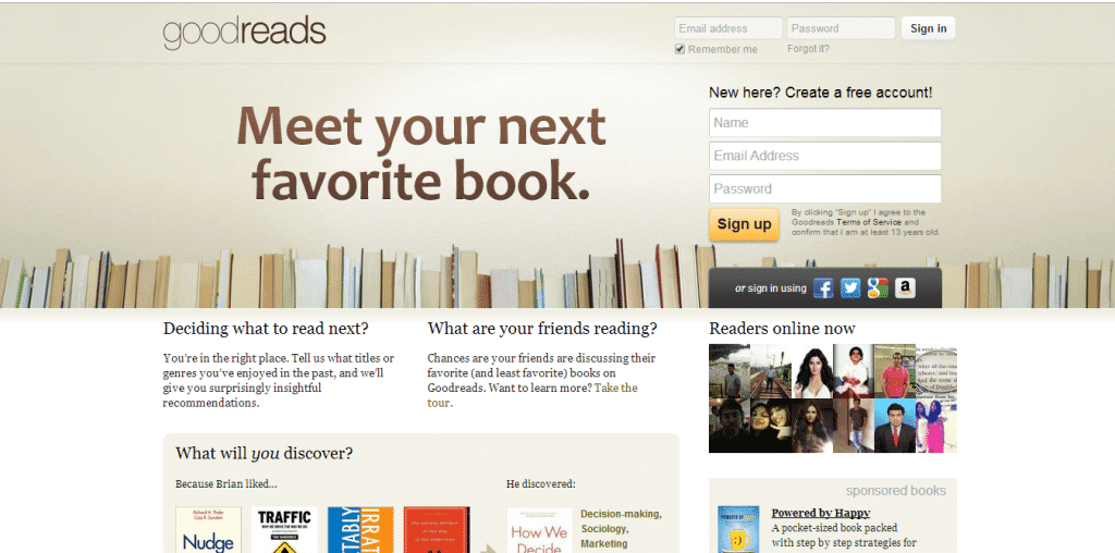screenshot of goodreads homepage with a simple headline conveying benefit