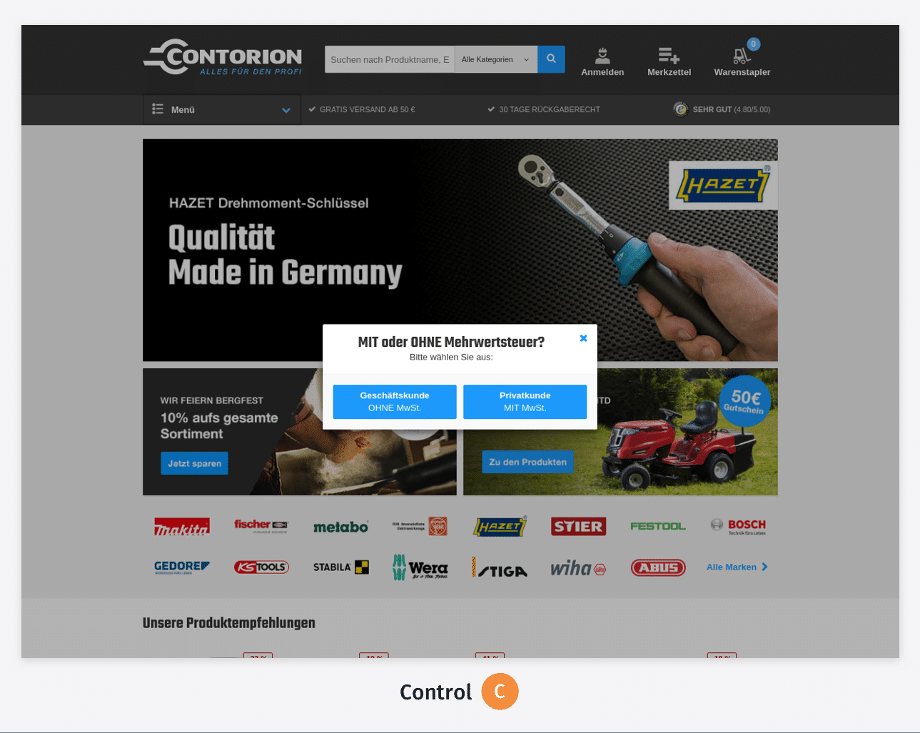 Control of the Test 1 on Contorion website