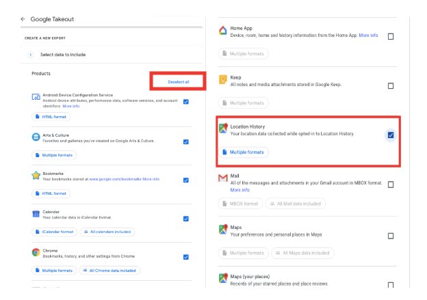 screenshot of selecting Location History from Google Takeout