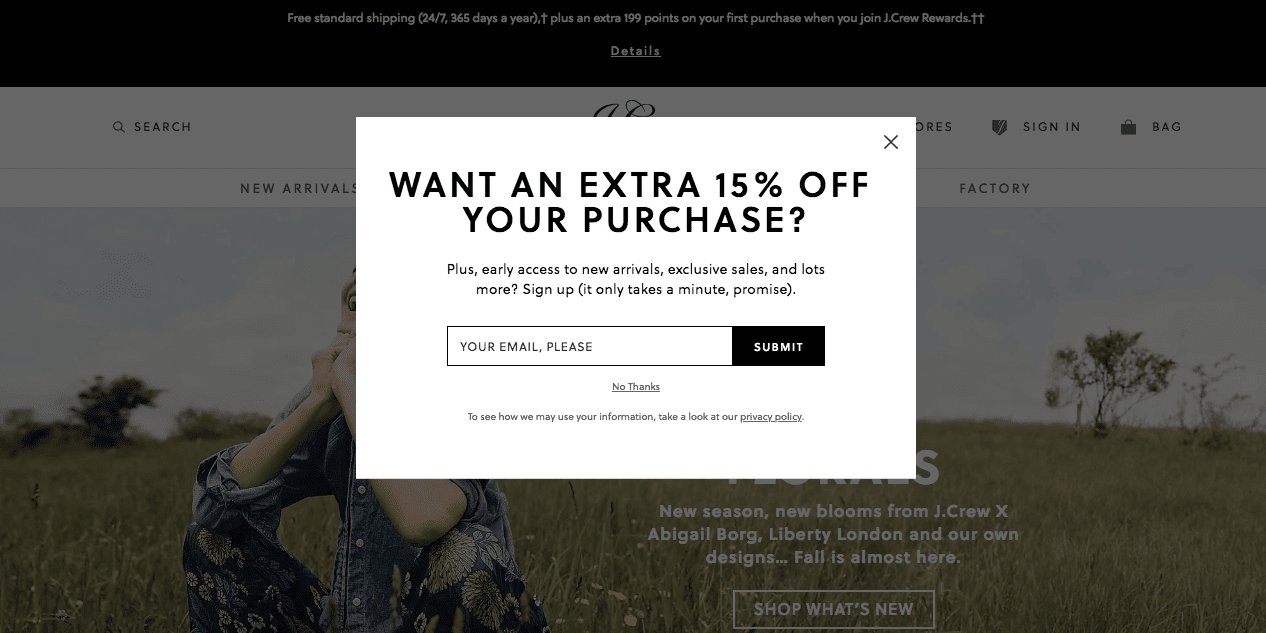 Jcrew exit pop-up example